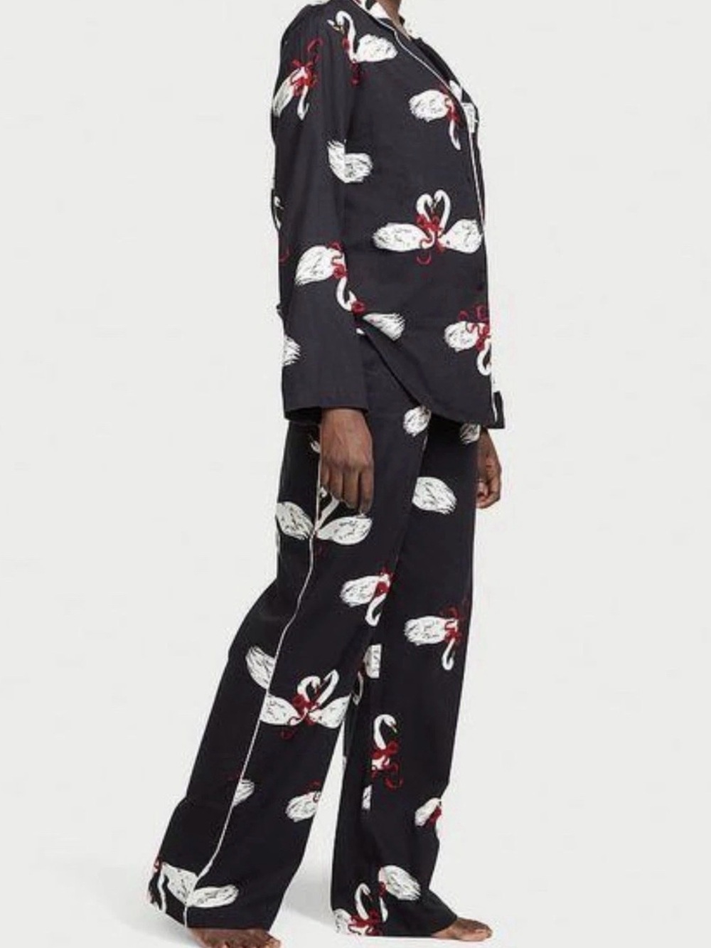 Victoria's Secret Black Swan Print Pajama Set with White & Red Accents